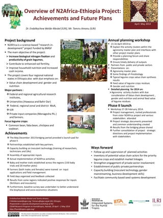 Overview of N2Africa-Ethiopia Project:
Achievements and Future Plans
Dr. Endalkachew Welde-Meskel (ILRI), Mr. Tamiru Amanu (ILRI)
Project background
 N2Africa is a science-based “research-in-
development” project funded by BMGF
 The main objective of the project:
 Increase biological nitrogen fixation and
productivity of grain legumes,
 Contribute to enhanced soil fertility,
 Improve household nutrition and increased
cash income.
 The project covers four regional national
states in Ethiopia also with due emphasis on:
 Value chain development and gender and
nutrition
Major partners :
Federal and regional agricultural research
institutes,
Universities (Hawassa and Bahir Dar)
 Federal, regional zonal and district MoA,
ILRI
Private input companies (Menagesha Plc.)
and farmers.
Focus legume crops:
 Common bean, faba bean, chickpea and
soybean.
Annual planning workshop
 15-16 April 2014 to:
 Explain the activity clusters within the
agronomy master plan and interfaces with
other project master plans
 Provide a planning forum and share
responsibilities
 Ensure timely delivery of outputs
 Partners from public and private sectors
 Presentations on:
 Agronomy master plan:
 Some findings of rhizobiology
 Typical legume crops value chain synthesis
results
 Feed value of legume crops residues
 Gender and nutrition
 Detailed planning for 2014 on:
Agronomy activity clusters with due
consideration of Value chain development ,
gender and nutrition and animal feed value
of legume residues
Pictures
Ways forward
• Follow up and supervision of planned activities
• Inventory of potential value chain actors for the priority
legume crops and establish market linkages
• Strengthen engagement of private sector involvement
• Establishment of public-private partnerships
• Capacity building (inoculant technology, gender
mainstreaming, business development skills)
• Facilitate community based seed systems development
Phase II launch
 Workshop 27-28 February 2014.
 Project management, invited professionals
from sister N2Africa project and various
stakeholders attended
 Project strategic documents presented
and common understanding created
 Results from the bridging phase shared
 Further consolidation of project strategic
directions and project implementation
with stakeholders
EndalkachewWelde-Meskel and Tamiru Amanu
E.Woldemeskel@cgiar.org, T.Amanu@cgiar.org ● ILRI, Ethiopia.
Prepared for a capacity development workshop of the
CGIAR Research Program on Humidtropics, Nairobi, 29 April – 2 May 2014
http://humidtropics.cgiar.org/
This document is licensed for use under a Creative Commons Attribution –Non commercial-
Share Alike 3.0 Unported License April 2014
Achievements
 The May-December 2013 bridging period provided a launch-pad for
phase II.
 Partnerships established with key partners.
 Capacity building on inoculant technology (training of researchers,
technicians and DAs)
 Assembly of appropriate inputs
 Actual implementation of N2Africa activities
 Baby and mother trails established across the regions (150 baby
trials and 20 mother plots)
 Farmers (both males and females) were trained on input
applications and field management
 Field days organized and feedback collected
 Results from some regions indicated positive responses for inputs
(fertilizers and inoculants)
 Furthermore, baseline survey was undertaken to better understand
the biophysical and socio-economics situations
ዩኒቨርሰቲ የም ርም ርና ልማት ዳይሬክቶሬት ከN 2 Africa ፕሮጀክት
ጋር በመተባበር ያ ዘጋጀ የአርሶ አደሮች የመስክ በዓል
23 ጥቅምት 2006 ዓ.ም.
HAWASSA UNIVERSITY – RESEARCH & DEVELOPMENT
DIRECTORATE in collaboration with N2 Africa project
Farmers’ field day
Boricha፣ yirba
02 November, 2013
April- May 2014
 