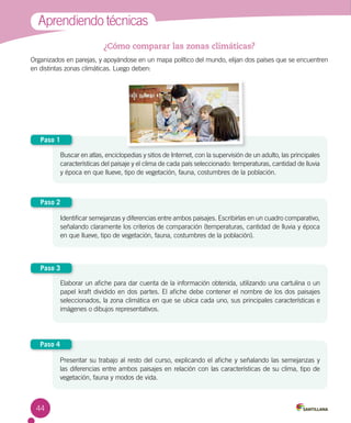 44
Aprendiendo técnicas
¿Cómo comparar las zonas climáticas?
Organizados en parejas, y apoyándose en un mapa político del mundo, elijan dos países que se encuentren
en distintas zonas climáticas. Luego deben:
Buscar en atlas, enciclopedias y sitios de Internet, con la supervisión de un adulto, las principales
características del paisaje y el clima de cada país seleccionado: temperaturas, cantidad de lluvia
y época en que llueve, tipo de vegetación, fauna, costumbres de la población.
Paso 1
Identificar semejanzas y diferencias entre ambos paisajes. Escribirlas en un cuadro comparativo,
señalando claramente los criterios de comparación (temperaturas, cantidad de lluvia y época
en que llueve, tipo de vegetación, fauna, costumbres de la población).
Paso 2
Elaborar un afiche para dar cuenta de la información obtenida, utilizando una cartulina o un
papel kraft dividido en dos partes. El afiche debe contener el nombre de los dos paisajes
seleccionados, la zona climática en que se ubica cada uno, sus principales características e
imágenes o dibujos representativos.
Paso 3
Presentar su trabajo al resto del curso, explicando el afiche y señalando las semejanzas y
las diferencias entre ambos paisajes en relación con las características de su clima, tipo de
vegetación, fauna y modos de vida.
Paso 4
 