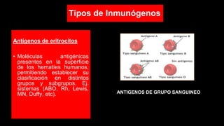 Tipos de Inmunógenos
Antígenos de eritrocitos
• Moléculas antigénicas
presentes en la superficie
de los hematíes humanos,
permitiendo establecer su
clasificación en distintos
grupos y subgrupos. Ej.
sistemas (ABO, Rh, Lewis,
MN, Duffy, etc). ANTIGENOS DE GRUPO SANGUINEO
 
