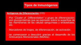 Tipos de Inmunógenos
Antígenos de Diferenciación (CD):
⮚Por “Cluster of Differentiation” o grupo de diferenciación;
son glucoproteínas que se expresan sobre la superficie de
las membranas de las células sanguíneas y endoteliales,
etc.
⮚Marcadores de linajes, de diferenciación, de activación.
⮚se comenzaron a descubrir gracias al desarrollo de los
Anticuerpos Monoclonales (MoAbs).
 