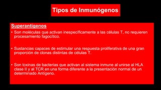 Tipos de Inmunógenos
Superantígenos
• Son moléculas que activan inespecíficamente a las células T, no requieren
procesamiento fagocítico.
• Sustancias capaces de estimular una respuesta proliferativa de una gran
proporción de clonas distintas de células T.
• Son toxinas de bacterias que activan al sistema inmune al unirse al HLA
clase II y al TCR en una forma diferente a la presentación normal de un
determinado Antígeno.
 