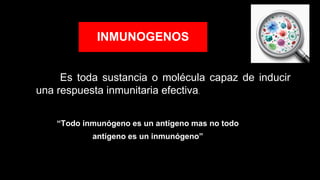 INMUNOGENOS
Es toda sustancia o molécula capaz de inducir
una respuesta inmunitaria efectiva.
“Todo inmunógeno es un antígeno mas no todo
antígeno es un inmunógeno”
 