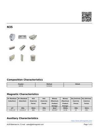 N35
Composition Characteristics
Powder Method Orient
NdFeB Sintered
Magnetic Characteristics
Br (Residual
Induction)
Br (Residual
Induction)
Hcb
(Coercive
Force)
Hcb
(Coercive
Force)
Bhmax
(Maximum
Product
Energy)
Bhmax
(Maximum
Product
Energy)
Hcj (Intrinsic
Coercive
Force)
Hcj (Intrinsic
Coercive
Force)
mT KGs KA/m KOe KJ/m³ MGOe KOe KA/m
1.18-1.23 11.8-12.3 868 10.9 263-287 33-36 12 955
Auxiliary Characteristics
ALB Materials Inc E-mail: sales@albmagnets.com Page 1 of 3
https://www.albmagnets.com/
 