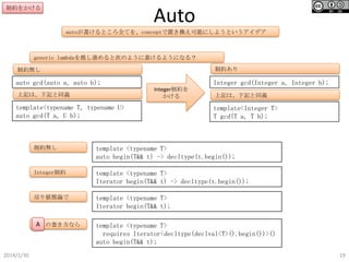 制約をかける

Auto
autoが書けるところ全てを、conceptで置き換え可能にしようというアイデア

generic lambdaを推し進めると次のように書けるようになる？
制約あり

制約無し

auto gcd(auto a, auto b);

Integer gcd(Integer a, Integer b);
Integer制約を
かける

上記は、下記と同義

template<typename T, typename U>
auto gcd(T a, U b);

上記は、下記と同義

template<Integer T>
T gcd(T a, T b);

制約無し

template <typename T>
auto begin(T&& t) -> decltype(t.begin());

Integer制約

template <typename T>
Iterator begin(T&& t) -> decltype(t.begin());

戻り値推論で

template <typename T>
Iterator begin(T&& t);

A の書き方なら

2014/1/30

template <typename T>
requires Iterator<decltype(declval<T>().begin())>()
auto begin(T&& t);
19

 