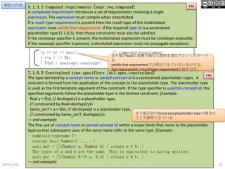 制約の内容

制約の内容定義

P45
5.1.3.2 Compound requirements [expr.req.compound]
A compound-requirement introduces a set of requirements involving a single
template<typename T>
expression. The expression must compile when instantiated.
concept bool Constraint()
If a result-type-requirement is present then the result type of the instantiated
{
expression must satisfy that requirement. If the required type-id is a constrained
return requires (T a, those constraints must also be satisfied.
placeholder type (7.1.6.5), thenT b) {
a++;
// simple requirement
If the constexpr specifier is present, the instantiated expression must be constexpr-evaluable.
a != b;
If the noexcept specifier is present, instantiated expression must not propagate exceptions.

{a == b} -> bool;
{ ++a } -> T&;
{ T(a) } noexcept constexpr;

2014/1/30

// compound-requirement
戻り値がboolに変換可能なら制約を満たすといったケースを
satisfy that requirementでは明言できていない気がする。
that requirementはresult-type-requirementを指すはず。

7.1.6.5 Constrained type specifiers [dcl.spec.constrained]
typename T::value_type;
// type-requirement
P46
The type denoted by a concept-name or partial-concept-id is a constrained placeholder types. A
onstraint is formed from the application of the concept to the placeholder type. The placeholder type
requires Other_constraint<T>(); // nested-requirement
is used as the first template argument of the constraint. If the type specifier is a partial-concept-id, the
specified arguments follow the placeholder type in the formed constraint. [Example:
};
Real y = f(x); // decltype(y) is a placeholder type,
}
// constrained by Real<decltype(y)>
Same_as<T> a = f(b); // decltype(a) is a placeholder type,
戻り値が別のConstraind placeholder typeの場合は
// constrained by Same_as<T, decltype(a)>
ここで説明できている
— end example]
The first use of concept-name or partial-concept-id within a scope binds that name to the placeholder
type so that subsequent uses of the same name refer to the same type. [Example:
template<typename T>
concept bool Number() { ... }
auto mul = [](Number a, Number b) { return a * b; }
The types of a and b are the same. This is equivalent to having written:
auto mul = []<Number N>(N a, N b) { return a * b; }
— end example]

25

 