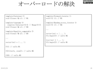 オーバーロードの解決
template<Container C>
void f(const C& c); // #1

template<Forward_iterator I>
void f(I i); // #1

template<typename S>
requires Container<S>() || Range<S>()
void f(const S& s); // #2

template<Random_access_iterator I>
void f(I i); // #2
...

template<Equality_comparable T>
void f(const T& x); // #3

vector<int> v { ... };
f(v.begin()) // calls #2

...
vector<int> v { ... };

list<int> l { ... };
f(l.begin()) // calls #1

f(v) // calls #1
f(filter(v, even)); // calls #2
f(0); // calls #3

2014/1/30

28

 