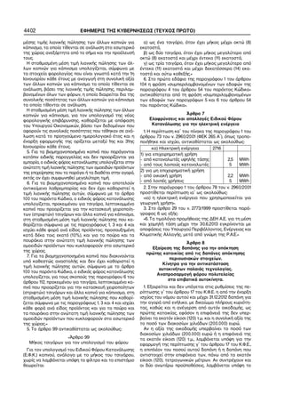 4402                        ΕΦΗΜΕΡΙΣ ΤΗΣ ΚΥΒΕΡΝΗΣΕΩΣ (ΤΕΥΧΟΣ ΠΡΩΤΟ)

μέσης τιμής λιανικής πώλησης των άλλων καπνών για            α) ως ένα τσιγάρο, όταν έχει μήκος μέχρι οκτώ (8)
κάπνισμα, τα οποία τίθενται σε ανάλωση στο εσωτερικό       εκατοστά,
της χώρας ανεξάρτητα από το σήμα και την προέλευσή           β) ως δύο τσιγάρα, όταν έχει μήκος μεγαλύτερο από
τους.                                                      οκτώ (8) εκατοστά και μέχρι έντεκα (11) εκατοστά,
  Η σταθμισμένη μέση τιμή λιανικής πώλησης των άλ−           γ) ως τρία τσιγάρα, όταν έχει μήκος μεγαλύτερο από
λων καπνών για κάπνισμα υπολογίζεται, σύμφωνα με           έντεκα (11) εκατοστά και μέχρι δεκατέσσερα (14) εκα−
τα στοιχεία φορολογίας που είναι γνωστά κατά την 1η        τοστά και ούτω καθεξής.»
Ιανουαρίου κάθε έτους με αναγωγή στη συνολική αξία           6. Στο πρώτο εδάφιο της παραγράφου 1 του άρθρου
των άλλων καπνών για κάπνισμα τα οποία τίθενται σε         104 η φράση «συμπεριλαμβανομένων των εδαφών της
ανάλωση, βάσει της λιανικής τιμής πώλησης, περιλαμ−        παραγράφου 4 του άρθρου 54 του παρόντος Κώδικα»
βανομένων όλων των φόρων, η οποία διαιρείται δια της       αντικαθίσταται από τη φράση «συμπεριλαμβανομένων
συνολικής ποσότητας των άλλων καπνών για κάπνισμα          των εδαφών των παραγράφων 5 και 6 του άρθρου 54
τα οποία τίθενται σε ανάλωση.                              του παρόντος Κώδικα».
  Η σταθμισμένη μέση τιμή λιανικής πώλησης των άλλων
καπνών για κάπνισμα, για τον υπολογισμό της νέας                               Άρθρο 7
φορολογικής επιβάρυνσης, καθορίζεται με απόφαση                Ελαφρύνσεις και απαλλαγές Ειδικού Φόρου
του Υπουργού Οικονομικών, βάσει των δεδομένων που               Κατανάλωσης για την ηλεκτρική ενέργεια
αφορούν τις συνολικές ποσότητες που τέθηκαν σε ανά−         1. Η περίπτωση κα΄ του πίνακα της παραγράφου 1 του
λωση κατά το προηγούμενο ημερολογιακό έτος και η           άρθρου 73 του ν. 2960/2001 (ΦΕΚ 265 Α΄), όπως τροπο−
έναρξη εφαρμογής της ορίζεται μεταξύ 1ης και 31ης          ποιήθηκε και ισχύει, αντικαθίσταται ως ακολούθως:
Ιανουαρίου κάθε έτους.                                           κα) Ηλεκτρική ενέργεια   2716
  5. Για τα βιομηχανοποιημένα καπνά που παράγονται
                                                           1) για επιχειρηματική χρήση
κατόπιν ειδικής παραγγελίας και δεν προορίζονται για
                                                           − από καταναλωτές υψηλής τάσης               2,5   MWh
εμπορία, ο ειδικός φόρος κατανάλωσης υπολογίζεται στην
                                                           − από τους λοιπούς καταναλωτές                5    MWh
ανώτατη τιμή λιανικής πώλησης των ομοειδών προϊόντων
                                                           2) για μη επιχειρηματική χρήση
της επιχείρησης που τα παράγει ή τα διαθέτει στην αγορά,
                                                           − από οικιακή χρήση                          2,2   MWh
εκτός αν έχει συμφωνηθεί μεγαλύτερη τιμή.
                                                           − από λοιπές χρήσεις                          5    MWh
  6. Για τα βιομηχανοποιημένα καπνά που αποτελούν
αντικείμενο λαθρεμπορίας και δεν έχει καθοριστεί η          2. Στην παράγραφο 1 του άρθρου 78 του ν. 2960/2001
τιμή λιανικής πώλησης αυτών, σύμφωνα με το άρθρο           προστίθεται περίπτωση ια΄ ως ακολούθως:
100 του παρόντα Κώδικα, ο ειδικός φόρος κατανάλωσης         «ια) η ηλεκτρική ενέργεια που χρησιμοποιείται για
υπολογίζεται, προκειμένου για τσιγάρα, λεπτοκομμένο        γεωργική χρήση».
καπνό που προορίζεται για την κατασκευή χειροποίη−          3. Στο άρθρο 29 του ν. 2773/1999 προστίθεται παρά−
των (στριφτών) τσιγάρων και άλλα καπνά για κάπνισμα,       γραφος 6 ως εξής:
στη σταθμισμένη μέση τιμή λιανικής πώλησης που κα−          «6. Τα τιμολόγια προμήθειας της ΔΕΗ Α.Ε. για τη μέση
θορίζεται σύμφωνα με τις παραγράφους 1, 3 και 4 και        και χαμηλή τάση μέχρι την 30.6.2013 εγκρίνονται με
ισχύει κάθε φορά ανά είδος προϊόντος, προσαυξημένη         αποφάσεις του Υπουργού Περιβάλλοντος, Ενέργειας και
κατά δέκα τοις εκατό (10%), και για τα πούρα και τα        Κλιματικής Αλλαγής, μετά από γνώμη της Ρ.Α.Ε.»
πουράκια στην ανώτατη τιμή λιανικής πώλησης των
                                                                                Άρθρο 8
ομοειδών προϊόντων που κυκλοφορούν στο εσωτερικό
                                                                Εξαίρεση της δαπάνης για την απόκτηση
της χώρας.
                                                              πρώτης κατοικίας από τις δαπάνες απόκτησης
  7. Για τα βιομηχανοποιημένα καπνά που διακινούνται
                                                                       περιουσιακών στοιχείων.
υπό καθεστώς αναστολής και δεν έχει καθοριστεί η
                                                                    Κίνητρα για την αντικατάσταση
τιμή λιανικής πώλησης αυτών, σύμφωνα με το άρθρο
                                                                   αυτοκινήτων παλαιάς τεχνολογίας.
100 του παρόντα Κώδικα, ο ειδικός φόρος κατανάλωσης
                                                                  Αναπροσαρμογή φόρου πολυτελείας
υπολογίζεται, για τους σκοπούς της παραγράφου 6 του
                                                                       στα επιβατικά αυτοκίνητα.
άρθρου 112, προκειμένου για τσιγάρα, λεπτοκομμένο κα−
πνό που προορίζεται για την κατασκευή χειροποίητων           1. Εξαιρείται και δεν υπάγεται στις ρυθμίσεις της πε−
(στριφτών) τσιγάρων και άλλα καπνά για κάπνισμα, στη       ρίπτωσης γ΄ του άρθρου 17 του Κ.Φ.Ε. η από την έναρξη
σταθμισμένη μέση τιμή λιανικής πώλησης που καθορί−         ισχύος του νόμου αυτού και μέχρι 31.12.2012 δαπάνη για
ζεται σύμφωνα με τις παραγράφους 1, 3 και 4 και ισχύει     την αγορά από ενήλικο, με δικαίωμα πλήρους κυριότη−
κάθε φορά ανά είδος προϊόντος και για τα πούρα και         τας, καθώς και η ανέγερση από αυτόν οικοδομής, ως
τα πουράκια στην ανώτατη τιμή λιανικής πώλησης των         πρώτης κατοικίας, εφόσον η επιφάνειά της δεν υπερ−
ομοειδών προϊόντων που κυκλοφορούν στο εσωτερικό           βαίνει τα εκατόν είκοσι (120) τ.μ. και η συνολική αξία της
της χώρας.»                                                το ποσό των διακοσίων χιλιάδων (200.000) ευρώ.
  5. Το άρθρο 99 αντικαθίσταται ως ακολούθως:                Αν η αξία της οικοδομής υπερβαίνει το ποσό των
                                                           διακοσίων χιλιάδων (200.000) ευρώ ή η επιφάνειά της
                    «Άρθρο 99                              τα εκατόν είκοσι (120) τ.μ., λαμβάνεται υπόψη για την
   Μήκος τσιγάρων για τον υπολογισμό του φόρου             εφαρμογή της περίπτωσης γ΄ του άρθρου 17 του Κ.Φ.Ε.,
  Για τον υπολογισμό του Ειδικού Φόρου Κατανάλωσης         η επιπλέον του ποσού αυτού δαπάνη ή η δαπάνη που
(Ε.Φ.Κ.) καπνού, ανάλογα με το μήκος του τσιγάρου,         αντιστοιχεί στην επιφάνεια των, πάνω από τα εκατόν
χωρίς να λαμβάνεται υπόψη το φίλτρο και το επιστόμιο       είκοσι (120), τετραγωνικών μέτρων. Αν συντρέχουν και
θεωρείται:                                                 οι δύο ανωτέρω προϋποθέσεις, λαμβάνεται υπόψη το
 