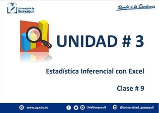 UNIDAD # 3
Estadística Inferencial con Excel
Clase # 9
 