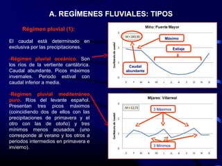A. REGÍMENES FLUVIALES: TIPOS
Régimen pluvial (1):
El caudal está determinado en
exclusiva por las precipitaciones.
-Régimen pluvial oceánico. Son
los ríos de la vertiente cantábrica.
Caudal abundante. Picos máximos
invernales. Periodo estival con
caudal inferior a media.
-Régimen pluvial mediterráneo
puro. Ríos del levante español.
Presentan tres picos máximos
(coincidiendo dos de ellos con las
precipitaciones de primavera y el
otro con las de otoño) y tres
mínimos menos acusados (uno
corresponde al verano y los otros a
periodos intermedios en primavera e
invierno).
3 Máximos
3 Mínimos
Estiaje
Máximo
Caudal
abundante
 
