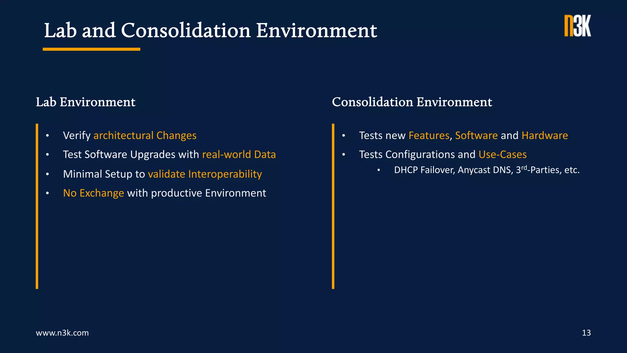 www.n3k.com
Lab Environment Consolidation Environment
13
• Verify architectural Changes
• Test Software Upgrades with real-world Data
• Minimal Setup to validate Interoperability
• No Exchange with productive Environment
• Tests new Features, Software and Hardware
• Tests Configurations and Use-Cases
• DHCP Failover, Anycast DNS, 3rd-Parties, etc.
Lab and Consolidation Environment
 