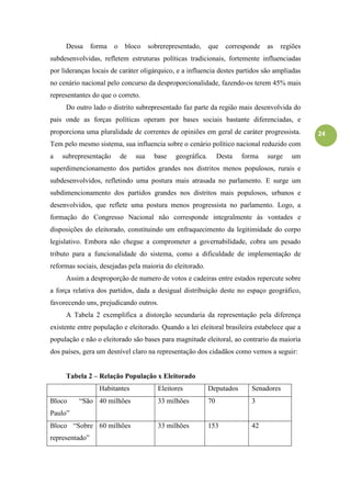 24
Dessa forma o bloco sobrerepresentado, que corresponde as regiões
subdesenvolvidas, refletem estruturas políticas tradicionais, fortemente influenciadas
por lideranças locais de caráter oligárquico, e a influencia destes partidos são ampliadas
no cenário nacional pelo concurso da desproporcionalidade, fazendo-os terem 45% mais
representantes do que o correto.
Do outro lado o distrito subrepresentado faz parte da região mais desenvolvida do
pais onde as forças políticas operam por bases sociais bastante diferenciadas, e
proporciona uma pluralidade de correntes de opiniões em geral de caráter progressista.
Tem pelo mesmo sistema, sua influencia sobre o cenário político nacional reduzido com
a subrepresentação de sua base geográfica. Desta forma surge um
superdimencionamento dos partidos grandes nos distritos menos populosos, rurais e
subdesenvolvidos, refletindo uma postura mais atrasada no parlamento. E surge um
subdimencionamento dos partidos grandes nos distritos mais populosos, urbanos e
desenvolvidos, que reflete uma postura menos progressista no parlamento. Logo, a
formação do Congresso Nacional não corresponde integralmente ás vontades e
disposições do eleitorado, constituindo um enfraquecimento da legitimidade do corpo
legislativo. Embora não chegue a comprometer a governabilidade, cobra um pesado
tributo para a funcionalidade do sistema, como a dificuldade de implementação de
reformas sociais, desejadas pela maioria do eleitorado.
Assim a desproporção de numero de votos e cadeiras entre estados repercute sobre
a força relativa dos partidos, dada a desigual distribuição deste no espaço geográfico,
favorecendo uns, prejudicando outros.
A Tabela 2 exemplifica a distorção secundaria da representação pela diferença
existente entre população e eleitorado. Quando a lei eleitoral brasileira estabelece que a
população e não o eleitorado são bases para magnitude eleitoral, ao contrario da maioria
dos países, gera um desnível claro na representação dos cidadãos como vemos a seguir:
Tabela 2 – Relação População x Eleitorado
Habitantes Eleitores Deputados Senadores
Bloco “São
Paulo”
40 milhões 33 milhões 70 3
Bloco “Sobre
representado”
60 milhões 33 milhões 153 42
 
