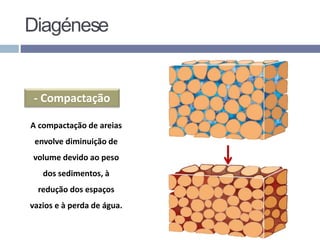 Diagénese
- Compactação
A compactação de areias
envolve diminuição de
volume devido ao peso
dos sedimentos, à
redução dos espaços
vazios e à perda de água.
 