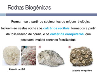 RochasBiogénicas
Formam-se a partir de sedimentos de origem biológica.
Incluem-se nestas rochas os calcários recifais, formados a partir
da fossilização de corais, e os calcários conquíferos, que
possuem muitas conchas fossilizadas.
Calcário conquífero
Calcário recifal
 