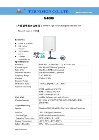 N4000
(产品型号展示优化词：2000mW high power 36dbi panel anetenna with
1.5km wifi receiver N4000)
Features：
 Ralink 3070 chipset
 802.11g/b/n
standard
 2000mW high
power
 150Mbps
transmission rate
Specifications:
Standards IEEE 802.11n, IEEE 802.11g, IEEE 802.11b
Wireless Signal
Rates With
Automatic Fallback
11n: Up to 150Mbps (Dynamic)
11g: Up to 54Mbps (Dynamic)
11b: Up to 11Mbps (Dynamic)
Frequency Range 2.4-2.4835GHz
Wireless
Transmit Power
25dBm(EIRP)
Modulation Type DBPSK, DQPSK, CCK, OFDM
Receiver Sensitivity
150M: -68dBm@10% PER
54M: -68dBm@10% PER
11M: -85dBm@8% PER
Work Mode Ad-Hoc Infrastructure, soft AP mode
Wireless Security 64/128 bit WEPWPA/WPA2, WPA-PSK/WPA2-PSK
(TKIP/AES)
Support Operating
System Windows 2000/XP/VISTA/Win7/win 8/Linux/Macintosh
Interface USB2.0 Hi-Speed connector
Antenna Type 36 dBi omni-directional antenna
Operating Temperature -20°C~60°C (-4°F~140°F)
Storage Temperature -40°C~70°C (-40°F~158°F)
Relative Humidity 10% ~ 90%, non condensation
www.ttbvision.com
 