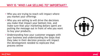 • Who you are trying to reach will impact where
you market your offerings
• Who you are selling to will drive the decisions
you make that impact your bottom line, and
make sure that your marketing dollars spent are
putting the message out in front of who you want
to buy your products.
• Understanding how your customer engages with
your business and understanding the steps that
they take in their decision process will impact
the development needed to replicate that
process online
WHY IS ‘WHO I AM SELLING TO’ IMPORTANT?
 