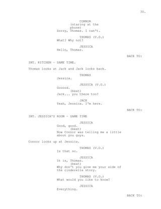 30. 
CONNOR 
(staring at the 
phone) 
Sorry, Thomas. I can't. 
THOMAS (V.O.) 
What? Why not? 
JESSICA 
Hello, Thomas. 
BACK TO: 
INT. KITCHEN - SAME TIME. 
Thomas looks at Jack and Jack looks back. 
THOMAS 
Jessica. 
JESSICA (V.O.) 
Gooood. 
(beat) 
Jack... you there too? 
JACK 
Yeah, Jessica. I'm here. 
BACK TO: 
INT. JESSICA'S ROOM - SAME TIME 
JESSICA 
Good, good. 
(beat) 
Now Connor was telling me a little 
about you guys. 
Connor looks up at Jessica. 
THOMAS (V.O.) 
Is that so. 
JESSICA 
It is, Thomas. 
(beat) 
Why don't you give me your side of 
the cinderella story. 
THOMAS (V.O.) 
What would you like to know? 
JESSICA 
Everything. 
BACK TO: 
 