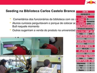 Seeding na Biblioteca Carlos Castelo Branco
• Comentários dos funcionários da biblioteca com os alunos
• Alunos curiosos perguntavam o porque de colocar aquele Red
Bull naquele momento
• Outros sugeriram a venda do produto na universidade
 
