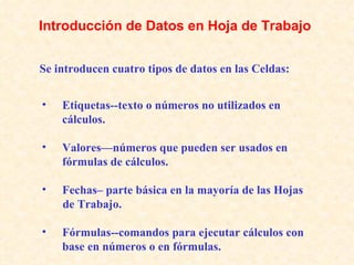 Etiquetas--texto o números no utilizados en cálculos. Valores—números que pueden ser usados en fórmulas de cálculos. Fechas– parte básica en la mayoría de las Hojas de Trabajo. Fórmulas--comandos para ejecutar cálculos con base en números o en fórmulas.  Se introducen cuatro tipos de datos en las Celdas:   Introducción de Datos en Hoja de Trabajo 