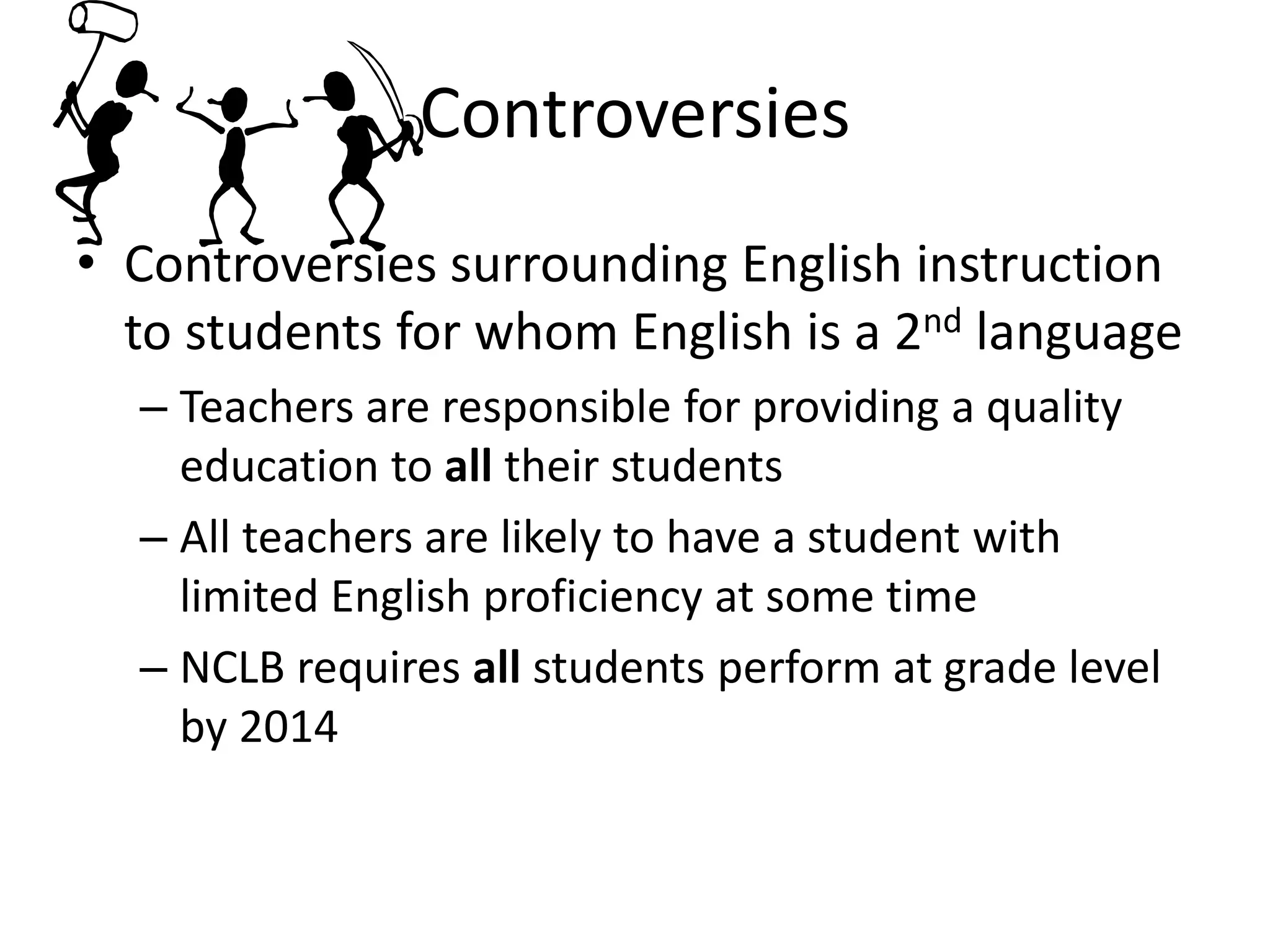 Controversies
• Controversies surrounding English instruction
to students for whom English is a 2nd language
– Teachers are responsible for providing a quality
education to all their students
– All teachers are likely to have a student with
limited English proficiency at some time
– NCLB requires all students perform at grade level
by 2014
 