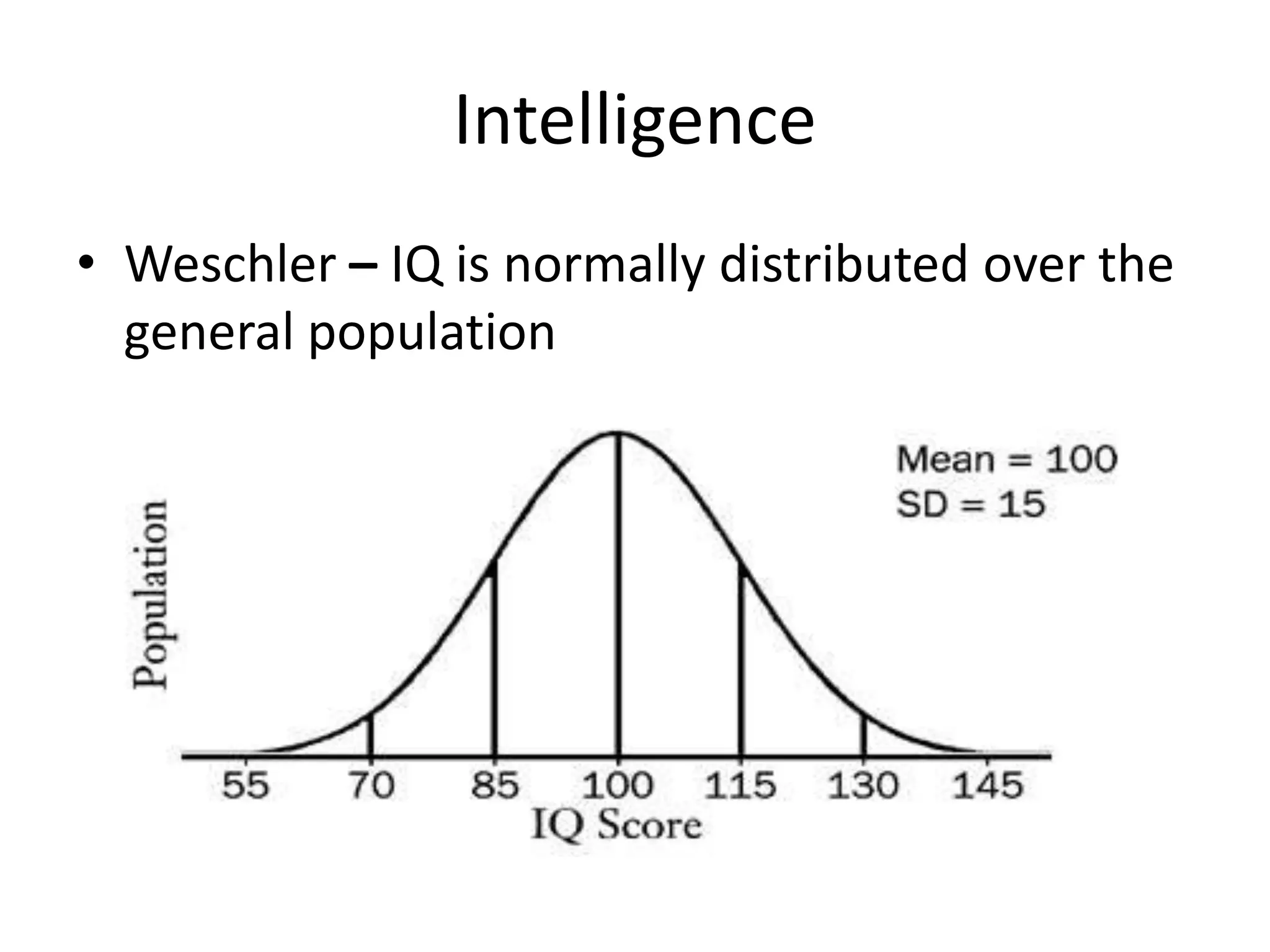 Intelligence
• Weschler – IQ is normally distributed over the
general population
 