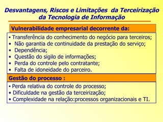 Desvantagens, Riscos e Limitações  da Terceirização da Tecnologia de Informação Vulnerabilidade empresarial decorrente da:  Transferência do conhecimento do negócio para terceiros; Não garantia de continuidade da prestação do serviço; Dependência; Questão do sigilo de informações; Perda do controle pelo contratante; Falta de idoneidade do parceiro. Gestão do processo :  Perda relativa do controle do processo;  Dificuldade na gestão da terceirização; Complexidade na relação:processos organizacionais e TI. 