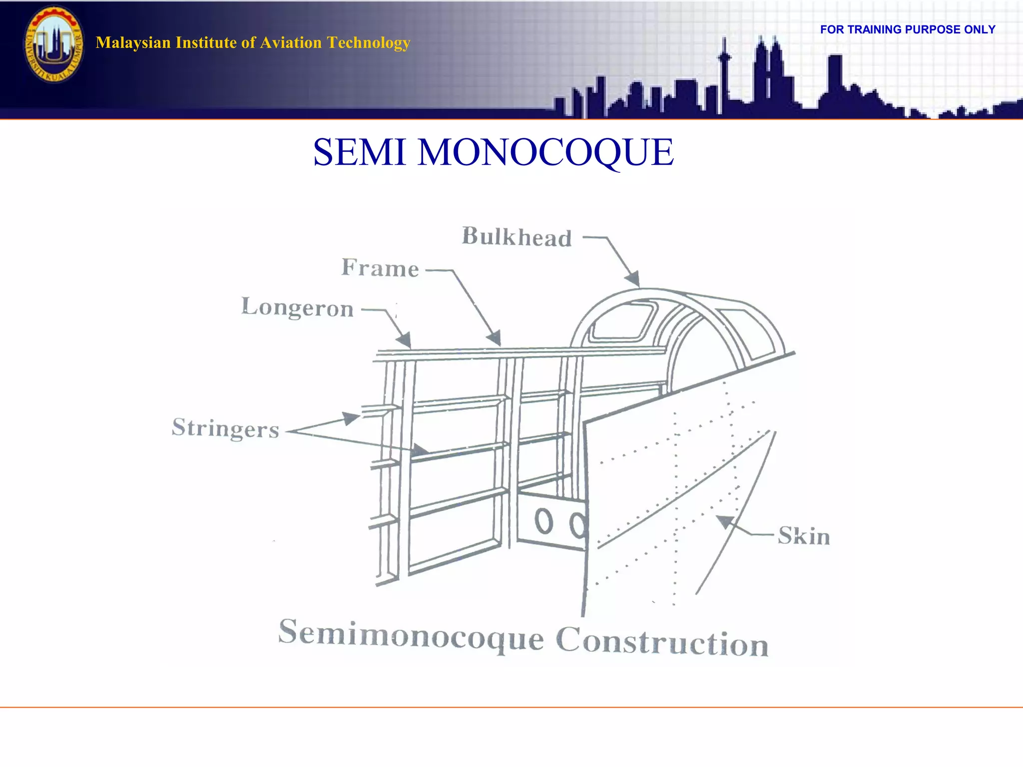FOR TRAINING PURPOSE ONLY
Malaysian Institute of Aviation Technology
SEMI MONOCOQUE
 