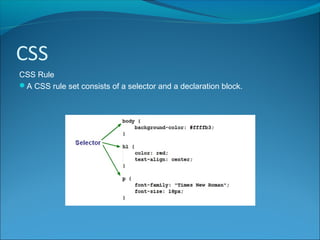 CSS
CSS Rule
A CSS rule set consists of a selector and a declaration block.
 