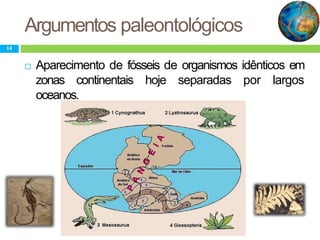 Argumentos paleontológicos
14
 Aparecimento de fósseis de organismos idênticos em
zonas continentais hoje separadas por largos
oceanos.
 