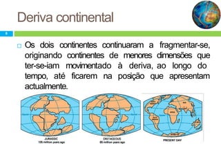 Deriva continental
 Os dois continentes continuaram
continentesoriginando
ter-se-iam movimentado
de menores
à deriva,
a fragmentar-se,
dimensões que
ao longo do
ficarem na posição que apresentamtempo, até
actualmente.
8
 