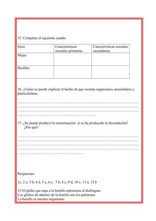 15. Completa el siguiente cuadro
Sexo

Características
sexuales primarias

Características sexuales
secundarias

Mujer
Hom...