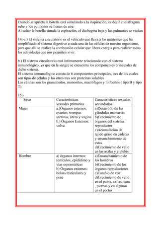 Cuando se aprieta la botella está simulando a la inspiración, es decir el diafragma
sube y los pulmones se llenan de aire....