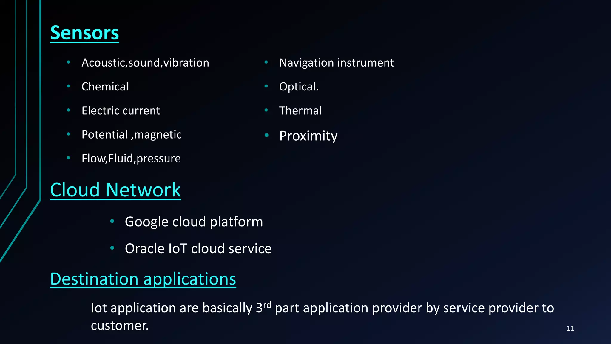 • Acoustic,sound,vibration
• Chemical
• Electric current
• Potential ,magnetic
• Flow,Fluid,pressure
• Navigation instrument
• Optical.
• Thermal
• Proximity
• Google cloud platform
• Oracle IoT cloud service
Sensors
Cloud Network
Destination applications
Iot application are basically 3rd part application provider by service provider to
customer. 11
 