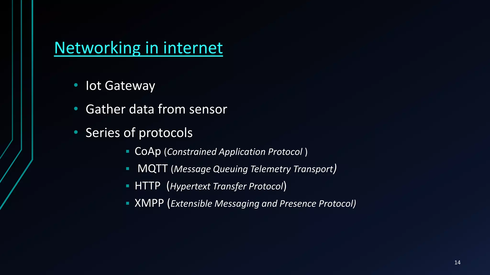 Networking in internet
• Iot Gateway
• Gather data from sensor
• Series of protocols
 CoAp (Constrained Application Protocol )
 MQTT (Message Queuing Telemetry Transport)
 HTTP (Hypertext Transfer Protocol)
 XMPP (Extensible Messaging and Presence Protocol)
14
 
