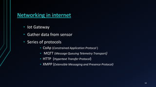 Networking in internet
• Iot Gateway
• Gather data from sensor
• Series of protocols
 CoAp (Constrained Application Protocol )
 MQTT (Message Queuing Telemetry Transport)
 HTTP (Hypertext Transfer Protocol)
 XMPP (Extensible Messaging and Presence Protocol)
14
 