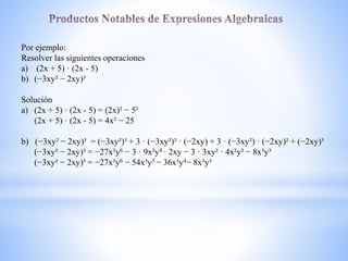 Por ejemplo:
Resolver las siguientes operaciones
a) (2x + 5) · (2x - 5)
b) (−3xy² − 2xy)³
Solución
a) (2x + 5) · (2x - 5) = (2x)² − 5²
(2x + 5) · (2x - 5) = 4x² − 25
b) (−3xy² − 2xy)³ = (−3xy²)³ + 3 · (−3xy²)² · (−2xy) + 3 · (−3xy²) · (−2xy)² + (−2xy)³
(−3xy² − 2xy)³ = −27x³y6 − 3 · 9x²y4 · 2xy − 3 · 3xy² · 4x²y² − 8x³y³
(−3xy² − 2xy)³ = −27x³y6 − 54x³y5 − 36x³y4− 8x³y³
 