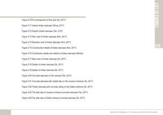listoffigures
XXi.
MEASURED DRAWING 2017 (ARC60305) | KEDAH ROYAL MUSEUM
Figure 5.70The arrangement of floor joist (Sii, 2017)
Figure 5.71 Interior timber staircase (Wong, 2017)
Figure 5.72 Exterior timber staircase (Tan, 2107)
Figure 5.73 Plan view of timber staircase (Koh, 2017)
Figure 5.74 Elevation view of timber staircase (Koh, 2017)
Figure 5.75 Cconstruction details of timber staircase (Koh, 2017)
Figure 5.76 Construction details and method of timber staircase (Ritchie)
Figure 5.77 Back view of timber staircase (Sii, 2017)
Figure 5.78 Details of timber staircase (Sii, 2017)
Figure 5.79 Details of timber staircase (Sii, 2017)
Figure 5.80 Concrete staircase on the veranda (Tan, 2017)
Figure 5.81 Concrete staircase with marble tiles on the museum entrance (Sii, 2017)
Figure 5.82 Timber staircase with concrete railing on the Sultan entrance (Sii, 2017)
Figure 5.83 The side view of museum entrance concrete staircase (Tan, 2017)
Figure 5.84 The side view of Sultan entrance concrete staircase (Sii, 2017)
 