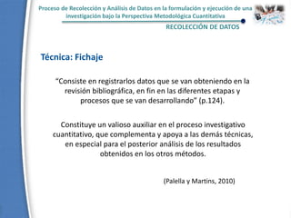 Proceso de Recolección y Análisis de Datos en la formulación y ejecución de una
investigación bajo la Perspectiva Metodológica Cuantitativa
RECOLECCIÓN DE DATOS
Técnica: Fichaje
“Consiste en registrarlos datos que se van obteniendo en la
revisión bibliográfica, en fin en las diferentes etapas y
procesos que se van desarrollando” (p.124).
Constituye un valioso auxiliar en el proceso investigativo
cuantitativo, que complementa y apoya a las demás técnicas,
en especial para el posterior análisis de los resultados
obtenidos en los otros métodos.
(Palella y Martins, 2010)
 