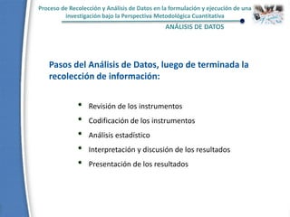 Proceso de Recolección y Análisis de Datos en la formulación y ejecución de una
investigación bajo la Perspectiva Metodológica Cuantitativa
ANÁLISIS DE DATOS
Pasos del Análisis de Datos, luego de terminada la
recolección de información:
• Revisión de los instrumentos
• Codificación de los instrumentos
• Análisis estadístico
• Interpretación y discusión de los resultados
• Presentación de los resultados
 