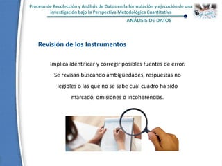 Proceso de Recolección y Análisis de Datos en la formulación y ejecución de una
investigación bajo la Perspectiva Metodológica Cuantitativa
ANÁLISIS DE DATOS
Revisión de los Instrumentos
Implica identificar y corregir posibles fuentes de error.
Se revisan buscando ambigüedades, respuestas no
legibles o las que no se sabe cuál cuadro ha sido
marcado, omisiones o incoherencias.
 