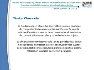Proceso de Recolección y Análisis de Datos en la formulación y ejecución de una
investigación bajo la Perspectiva Metodológica Cuantitativa
RECOLECCIÓN DE DATOS
Técnica: Observación
Se fundamenta en el registro sistemático, válido y confiable
de comportamientos o conductas manifiestas. Se acopia
información sobre la conducta así como sobre el contenido
de comunicaciones verbales y no verbales entre sujetos.
La observación cuantitativa suele ser no participativa, donde
no se produce interacción entre el observador y los sujetos
de estudio. Debe ser estructurada, donde se clasifica, ordena
relacionan los datos que se van a estudiar.
 