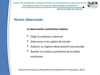 Proceso de Recolección y Análisis de Datos en la formulación y ejecución de una
investigación bajo la Perspectiva Metodológica Cuantitativa
RECOLECCIÓN DE DATOS
Técnica: Observación
La observación cuantitativa implica:
• Elegir la conducta a observar
• Seleccionar a los sujetos de estudio
• Elaborar un registro observacional estructurado
• Realizar un análisis cuantitativo de los datos
resultantes
(Entorno Virtual para el Desarrollo de Competencias en Evaluación, 2011)
 