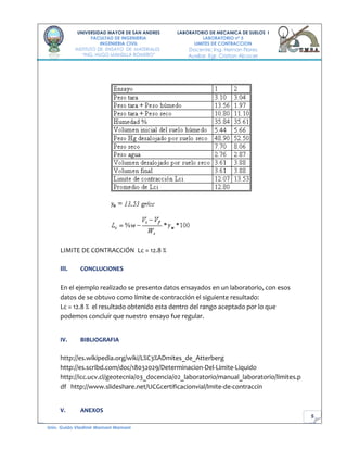 5
UNIVERSIDAD MAYOR DE SAN ANDRES
FACULTAD DE INGENIERIA
INGENIERIA CIVIL
INSTITUTO DE ENSAYO DE MATERIALES
“ING. HUGO MANSILLA ROMERO”
LABORATORIO DE MECANICA DE SUELOS I
LABORATORIO nº 5
LIMITES DE CONTRACCION
Docente: Ing. Hernan Flores
Auxiliar. Egr. Cristian Alcocer
Univ. Guido Vladimir Mamani Mamani
LIMITE DE CONTRACCIÓN Lc = 12.8 %
III. CONCLUCIONES
En el ejemplo realizado se presento datos ensayados en un laboratorio, con esos
datos de se obtuvo como límite de contracción el siguiente resultado:
Lc = 12.8 % el resultado obtenido esta dentro del rango aceptado por lo que
podemos concluir que nuestro ensayo fue regular.
IV. BIBLIOGRAFIA
http://es.wikipedia.org/wiki/L%C3%ADmites_de_Atterberg
http://es.scribd.com/doc/18032029/Determinacion-Del-Limite-Liquido
http://icc.ucv.cl/geotecnia/03_docencia/02_laboratorio/manual_laboratorio/limites.p
df http://www.slideshare.net/UCGcertificacionvial/lmite-de-contraccin
V. ANEXOS
 