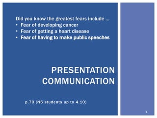 Did you know the greatest fears include …
• Fear of developing cancer
• Fear of getting a heart disease
• Fear of having to make public speeches

PRESENTATION
COMMUNICATION
p.70 (N5 students up to 4.10)
1

 