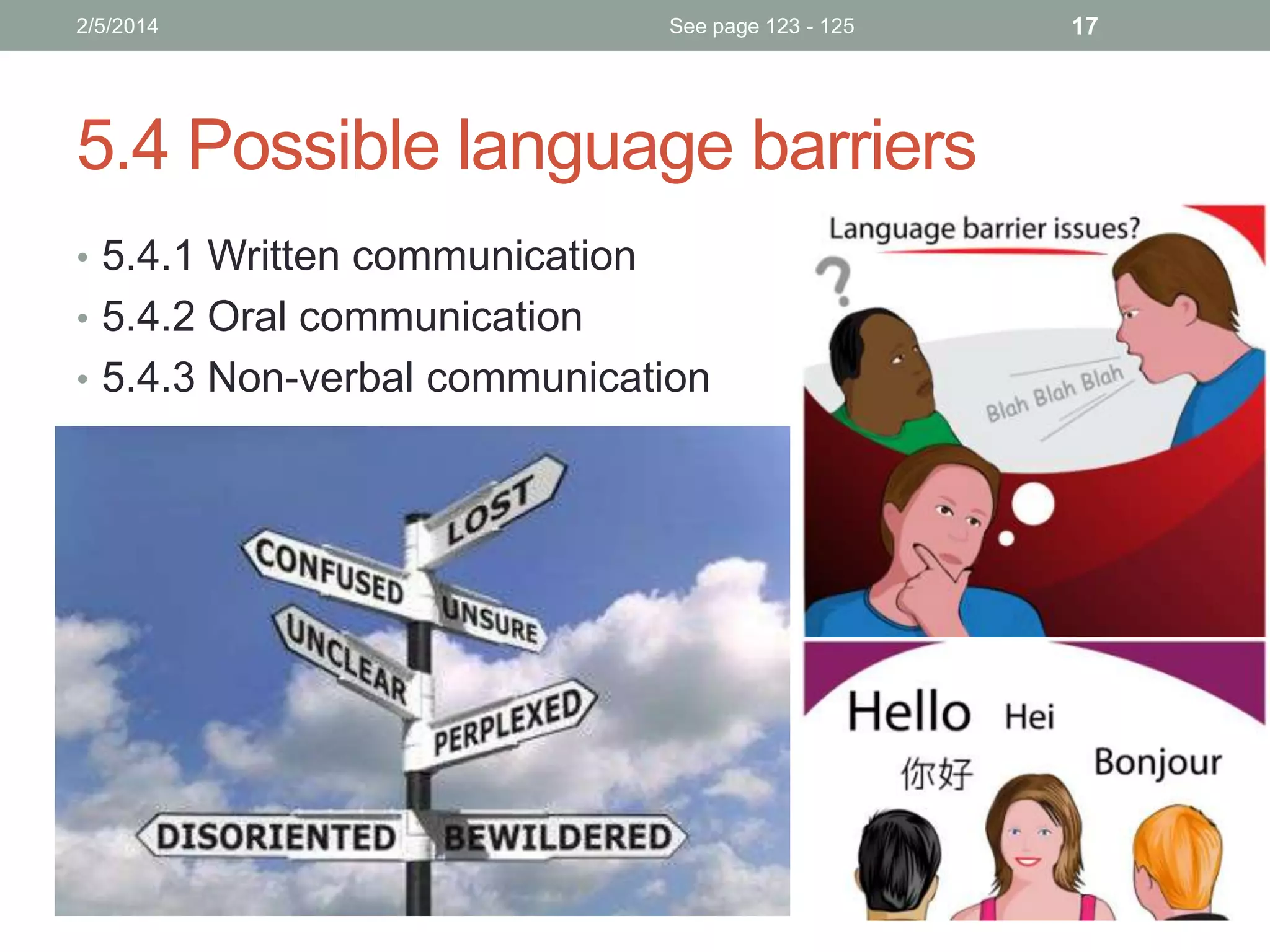 2/5/2014

See page 123 - 125

5.4 Possible language barriers
• 5.4.1 Written communication
• 5.4.2 Oral communication
• 5.4.3 Non-verbal communication

17

 