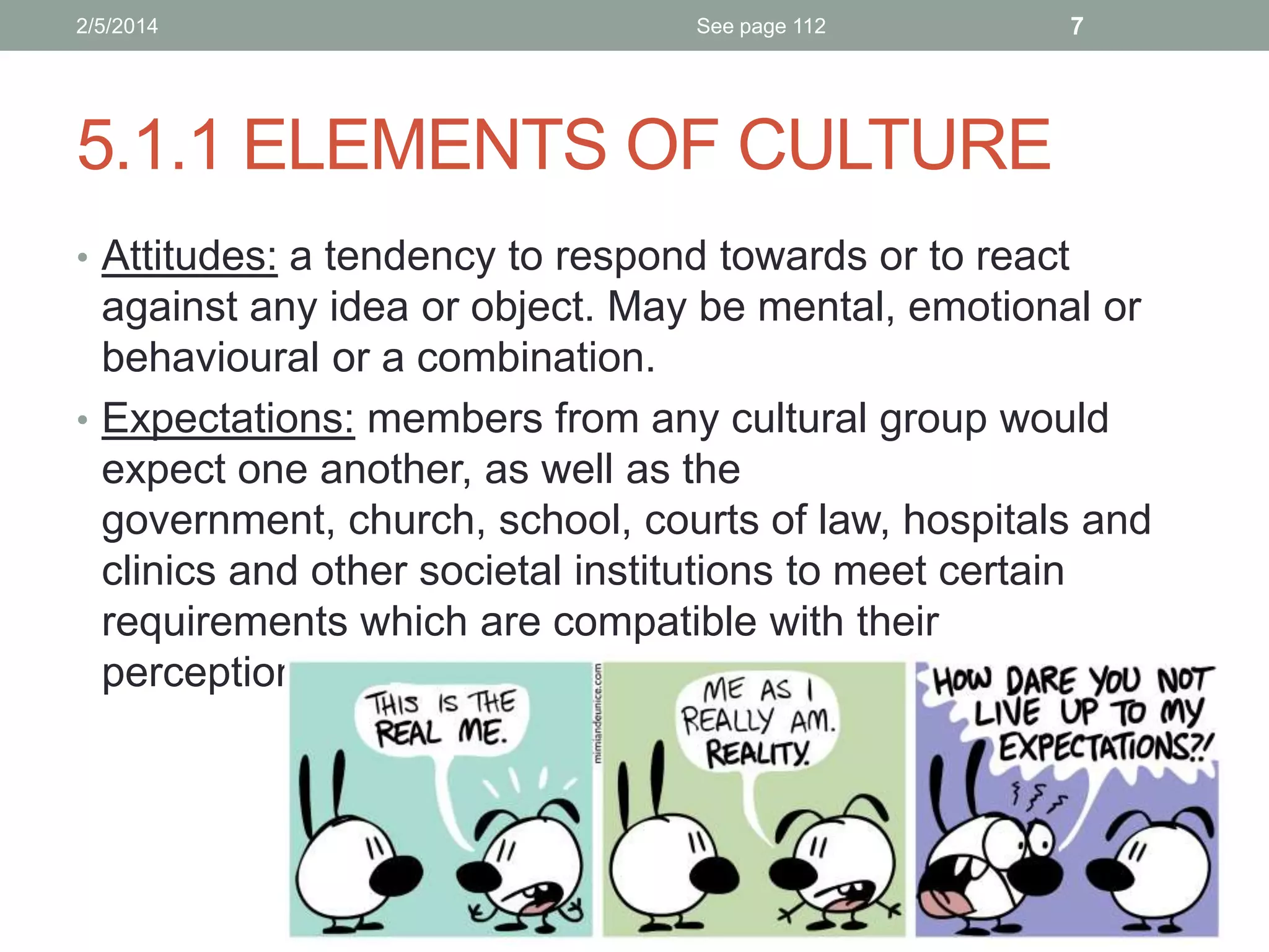 2/5/2014

See page 112

7

5.1.1 ELEMENTS OF CULTURE
• Attitudes: a tendency to respond towards or to react

against any idea or object. May be mental, emotional or
behavioural or a combination.
• Expectations: members from any cultural group would
expect one another, as well as the
government, church, school, courts of law, hospitals and
clinics and other societal institutions to meet certain
requirements which are compatible with their
perceptions, values, norms and attitudes.

 
