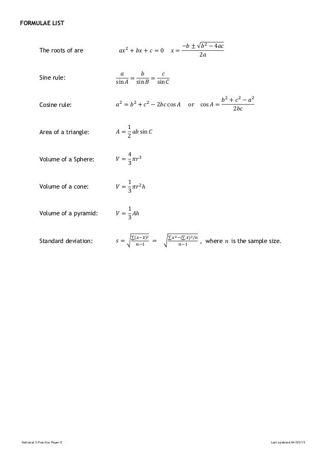 Nat 5 Maths Formula Sheet Flashcards Quizlet
