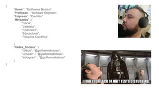 {
“Nome” : “Guilherme Botossi”,
“Profissão” : “Software Engineer”,
“Empresa” : “Creditas”
“Mercados” : [
“Fiscal”,
“Varejista”,
“Financeiro”,
“Educacional”,
“Pesquisa Cientifica”
],
“Redes_Sociais” : {
“Github”: “@guilhermebotossi”,
“Linkedin” : “@guilhermebotossi”,
“Instagram” : “@guilhermebotossi”
}
}
 