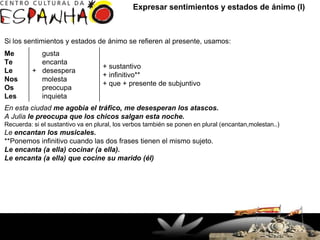Expresar sentimientos y estados de ánimo (I)



Si los sentimientos y estados de ánimo se refieren al presente, usamos:
Me          gusta
Te          encanta
                                         + sustantivo
Le        + desespera
                                         + infinitivo**
Nos         molesta
                                         + que + presente de subjuntivo
Os          preocupa
Les         inquieta
En esta ciudad me agobia el tráfico, me desesperan los atascos.
A Julia le preocupa que los chicos salgan esta noche.
Recuerda: si el sustantivo va en plural, los verbos también se ponen en plural (encantan,molestan..)
Le encantan los musicales.
**Ponemos infinitivo cuando las dos frases tienen el mismo sujeto.
Le encanta (a ella) cocinar (a ella).
Le encanta (a ella) que cocine su marido (él)




                         Rua Doutor Faivre, 93 – Centro
                           (41) 3363-7747 / 32649927
                                 Fax: 33637644
                       Curitiba, PR - Brasil - CEP 80060-140
 