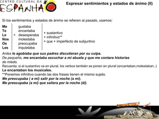 Expresar sentimientos y estados de ánimo (II)



Si los sentimientos y estados de ánimo se refieren al pasado, usamos:
Me       gustaba
Te       encantaba
                                + sustantivo
Le     + desesperaba
                                + infinitivo**
Nos      molestaba
                                + que + imperfecto de subjuntivo
Os       preocupaba
Les      inquietaba
Antes le agobiaba que sus padres discutieran por su culpa.
De pequeña, me encantaba escuchar a mi abuela y que me contara historias
de miedo.
Recuerda: si el sustantivo va en plural, los verbos también se ponen en plural (encantaban,molestaban..)
Le encantaban los musicales.
**Ponemos infinitivo cuando las dos frases tienen el mismo sujeto.
Me preocupaba ( a mí) salir por la noche (a mí).
Me preocupaba (a mí) que saliera por la noche (él).




                        Rua Doutor Faivre, 93 – Centro
                          (41) 3363-7747 / 32649927
                                Fax: 33637644
                      Curitiba, PR - Brasil - CEP 80060-140
 