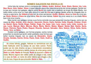 NOMES GALEGOS NA ESCOLA (II)
Unha lista de nomes como a composta por Aldara, André, Andrea, Anxo, Brais, Breixo, Iria, Lois,
Noa, Nuno, Uxía, Xabier, Xiana, é para calquera que a lea inequivocamente de nomes galegos. Sendo cer-
to que son nomes moi galegos, algúns como Nuno con moito uso e tradición ao longo da Idade Media, non
todos teñen unha orixe no noso país como é o caso de Iria que é galego desde antes da chegada dos ro-
manos a esta terra. Así Aldara e Lois son de orixe xermánica; André, Andrea, Anxo ou Uxía de orixe gre-
ga; Brais, Breixo e Xiana de orixe latina; Noa de orixe hebrea; Xabier de orixe vasca ou o xa citado Nuno
que é de orixe incerta.
Mais tamén son galegos nomes cuxa forma coincide coa que presentan noutras linguas, como son os
casos de Alba, Andrés, Arón (Aarón), Asunción, Bruno, Carla, Carlota, Celia, Claudia, Cristian, Cristi-
na, Daniel, Darío, David, Diego, Fabián, Hugo, Iris, Isaac, Iván, Lara, Laura, Leila, Lidia, Lorena, Lu-
cas, Lucía, Manuel, Mara, Marcos, María, Marta, Martín, Mateo, Miguel, Nerea, Noé, Noelia, Nuria,
Óscar, Patricia, Paula, Pedro, Raquel, Ricardo, Samuel, Salvador, Sara, Selene, Silvia, Sofía, Sonia,
Telmo, Vera, ou Zaira.
Existen como galegos, con formas propias, outros nomes
presentes na escola que porén están grafados coas formas que
teñen noutras linguas; son os casos de Alexandre, Anaís,
Ánxela, Candea, Carme, Enma, Paulo, Xosé, Xoán, Xudit ou
Xudite.
As orixes latinas, gregas, hebreas ou xermánicas son as
máis habituais entre os nomes de uso máis común. Porén
poden ser do máis diverso xa que a transmisión onomástica
non coñece de fronteiras e temos nomes de orixe persa como
Darío ou Leila, Noelia do francés, Nuria do éuscaro e Zaira do
árabe. Mesmo algúns dan voltas antes de chegar a nós, como
é o caso de Iván, un nome de orixe hebrea que chegou a tra-
vés do ruso, lingua da que proceden Sonia ou Vera.
 